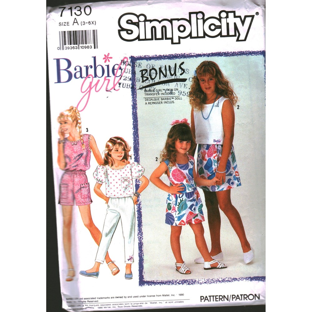 Simplicity 7130 Barbie Girl Sewing Pattern Girls Size 3 Vintage 1990 Dress